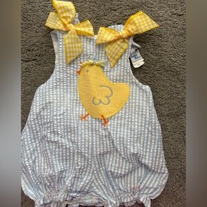 Blue and Yellow Gingham Romper with Chick Applique Easter